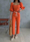 KETEN CROP KARPUZ KOL BLUZ-PANTOLON HASIR KEMERLİ - Orange resmi