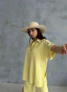 OMUZ MİDYE SIRALI BLUZ - PAÇA PENSLİ PANTOLON TAKIM - Sarı resmi