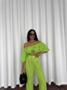 KETEN CROP BLUZ BÜZGÜ YAKA + PANTOLON TAKIM - Yeşil resmi