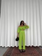 KETEN CROP BLUZ BÜZGÜ YAKA + PANTOLON TAKIM - Yeşil resmi