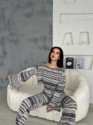 FİLE DANTEL BLUZ - YIRTMAÇLI PANTOLON TAKIM - Bej resmi