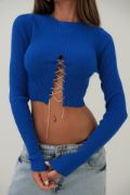 Taş Detay Triko Yaka Crop Bluz resmi