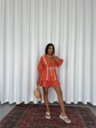 KETEN BEL BÜZGÜLÜ BLUZ-PANTOLON TAKIM - Orange resmi