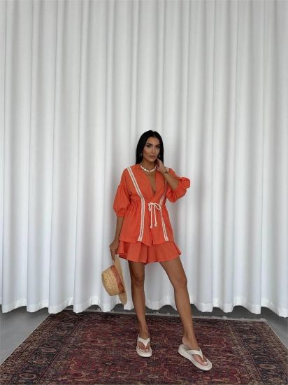 KETEN BEL BÜZGÜLÜ BLUZ-PANTOLON TAKIM - Orange resmi