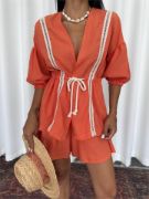 KETEN BEL BÜZGÜLÜ BLUZ-PANTOLON TAKIM - Orange resmi
