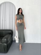 Osy Modal Yumuşak Dokulu Kumaş Büzgülü Crop Etek Takım - Mint Yeşili resmi