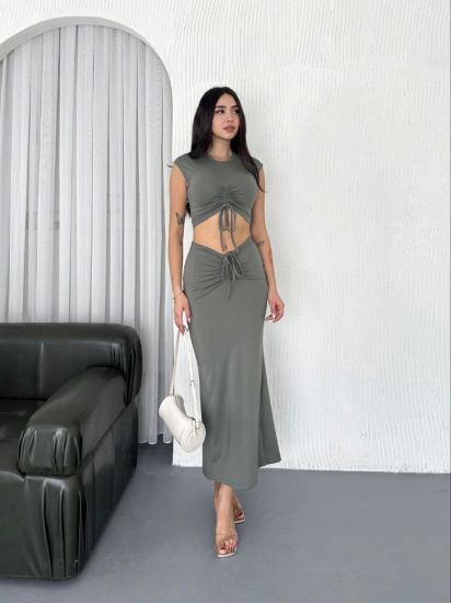 Osy Modal Yumuşak Dokulu Kumaş Büzgülü Crop Etek Takım - Mint Yeşili resmi