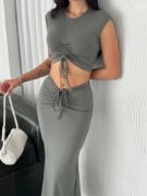 Osy Modal Yumuşak Dokulu Kumaş Büzgülü Crop Etek Takım - Mint Yeşili resmi