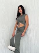 Osy Modal Yumuşak Dokulu Kumaş Büzgülü Crop Etek Takım - Mint Yeşili resmi