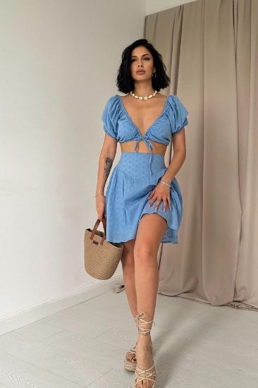 Mavi Brode Crop Ve Mini Etek Takım resmi