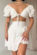 Ekru Brode Crop Ve Mini Etek Takım resmi