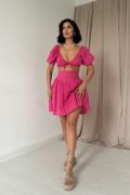 Fuşya Brode Crop Ve Mini Etek Takım resmi