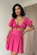 Fuşya Brode Crop Ve Mini Etek Takım resmi