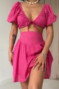 Fuşya Brode Crop Ve Mini Etek Takım resmi