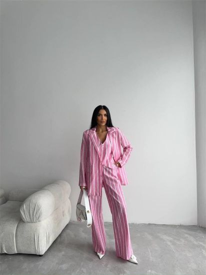 ÇİZGİLİ CEKET KETEN - Pembe resmi