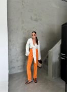 BEL LASTİK DETAYLI MODAL KUMAŞ PANTOLON - Orange resmi
