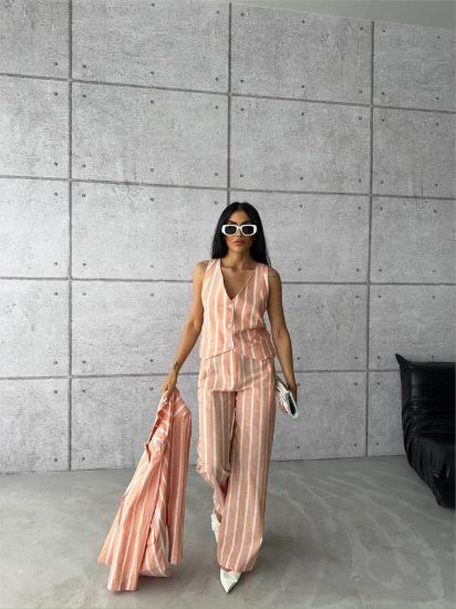 ÇİZGİLİ KETEN YELEK-PANTOLON TAKIM - Orange resmi
