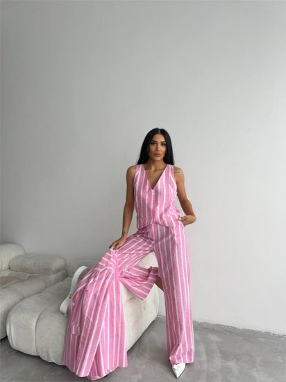 ÇİZGİLİ KETEN YELEK-PANTOLON TAKIM - Pembe resmi