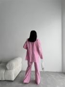 ÇİZGİLİ KETEN YELEK-PANTOLON TAKIM - Pembe resmi