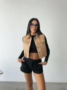 DERİ CROP YELEK - Bej resmi