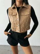 DERİ CROP YELEK - Bej resmi