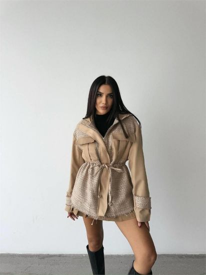 CHANEL -TRENCH  GARNİLİ KAPİŞONLU BELDEN BÜZGÜLÜ MONT - Bej resmi