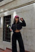 GABARDİN CROP CEKET-KARGO PANTOLON TAKIM - Siyah resmi