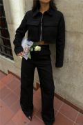 GABARDİN CROP CEKET-KARGO PANTOLON TAKIM - Siyah resmi