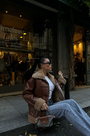 YAKA VE KOL MANŞET KÜRK DETAYLI DERİ MONT - Taba resmi