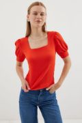 0409 Kare Yaka Örme Bluz - Oranje resmi