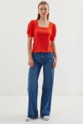 0409 Kare Yaka Örme Bluz - Oranje resmi