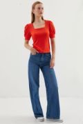 0409 Kare Yaka Örme Bluz - Oranje resmi