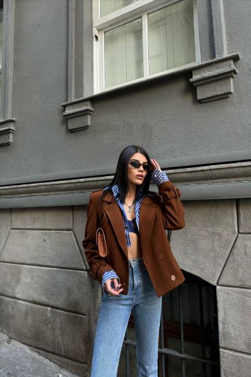 KAŞE CROP CEKET 4 DÜĞME - Kahverengi resmi