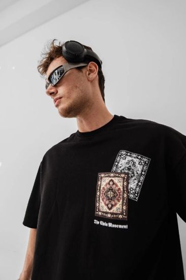 Erkek Baskılı Oversize T-shirt - Siyah resmi