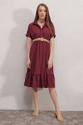 2292 Kemerli Elbise - Bordo resmi