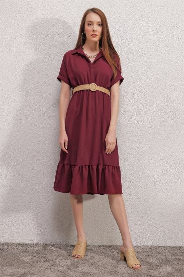 2292 Kemerli Elbise - Bordo resmi