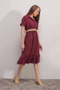 2292 Kemerli Elbise - Bordo resmi