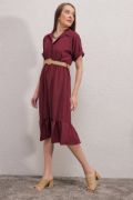 2292 Kemerli Elbise - Bordo resmi