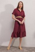 2292 Kemerli Elbise - Bordo resmi