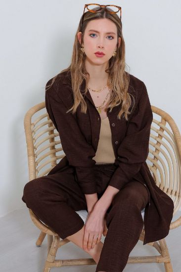 Kahverengi Oversize Keten Alt Üst Takım 6622 resmi