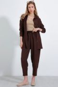 Kahverengi Oversize Keten Alt Üst Takım 6622 resmi