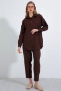 Kahverengi Oversize Keten Alt Üst Takım 6622 resmi