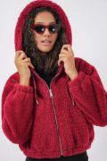 5193 Kapüşonlu Peluş Crop Ceket - Bordo resmi