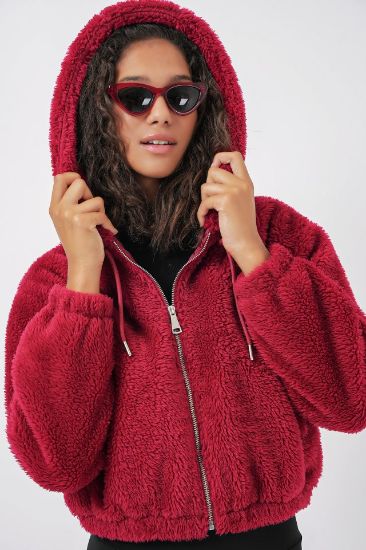 5193 Kapüşonlu Peluş Crop Ceket - Bordo resmi