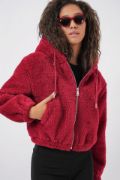 5193 Kapüşonlu Peluş Crop Ceket - Bordo resmi