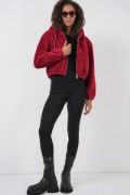 5193 Kapüşonlu Peluş Crop Ceket - Bordo resmi