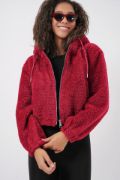 5193 Kapüşonlu Peluş Crop Ceket - Bordo resmi