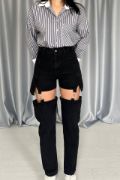 Siyah Askılı İki Parça Jeans Pantolon resmi