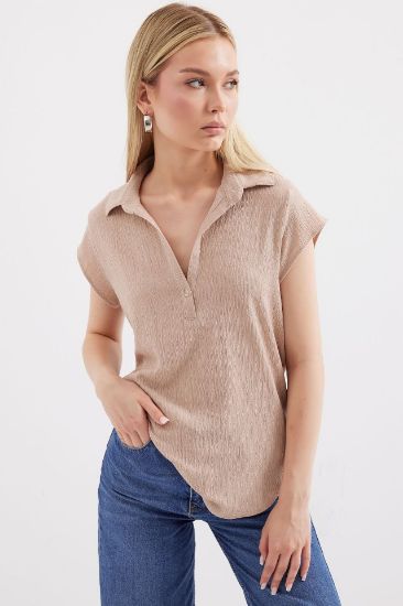 20123 Polo Yaka Örme Bluz - Bej resmi