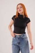 Boğazlı Parlak Kumaş Siyah Crop resmi